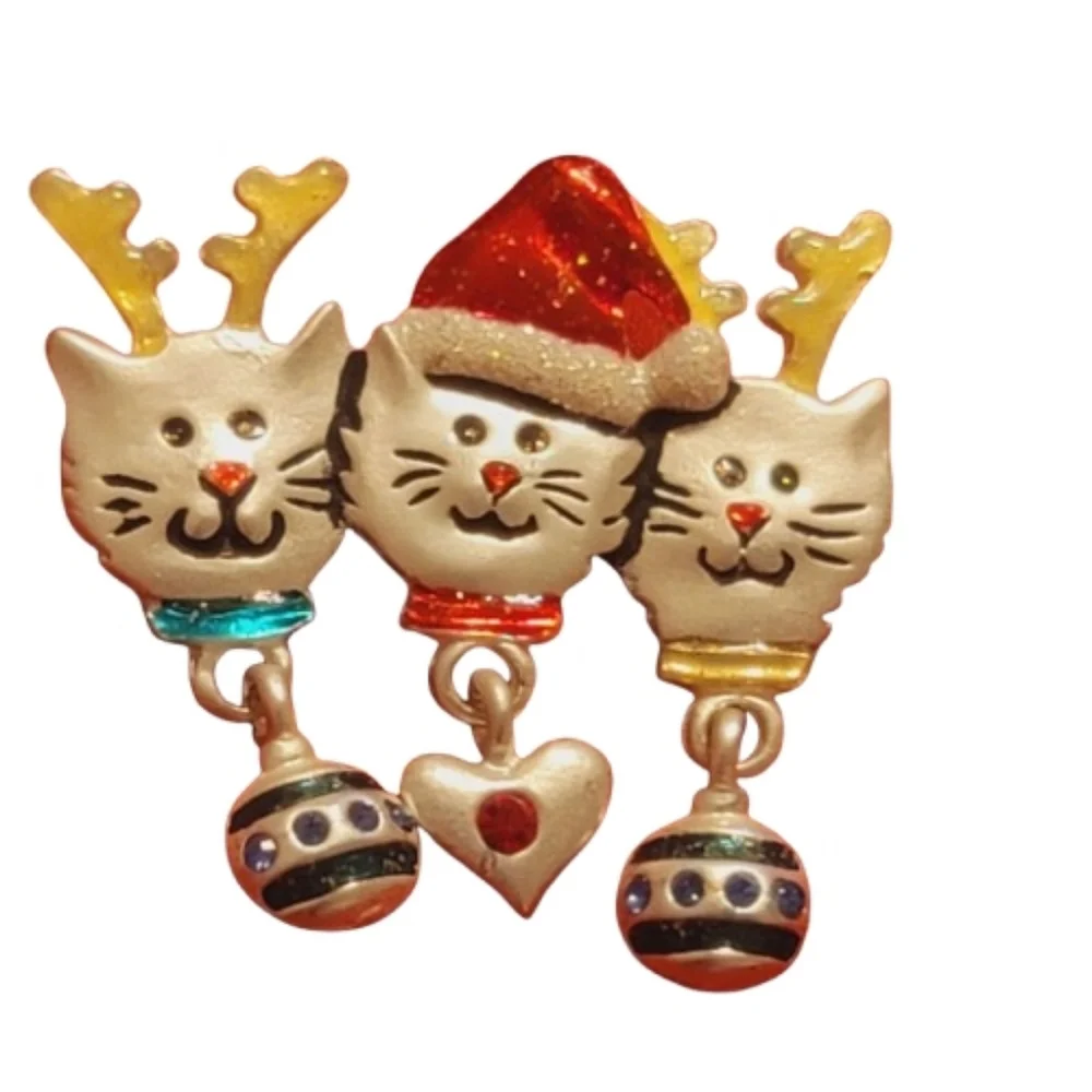 AJMC Vintage Christmas Cat Brooch 3 Kitty Dangle Enamel Holiday Pin Pewter